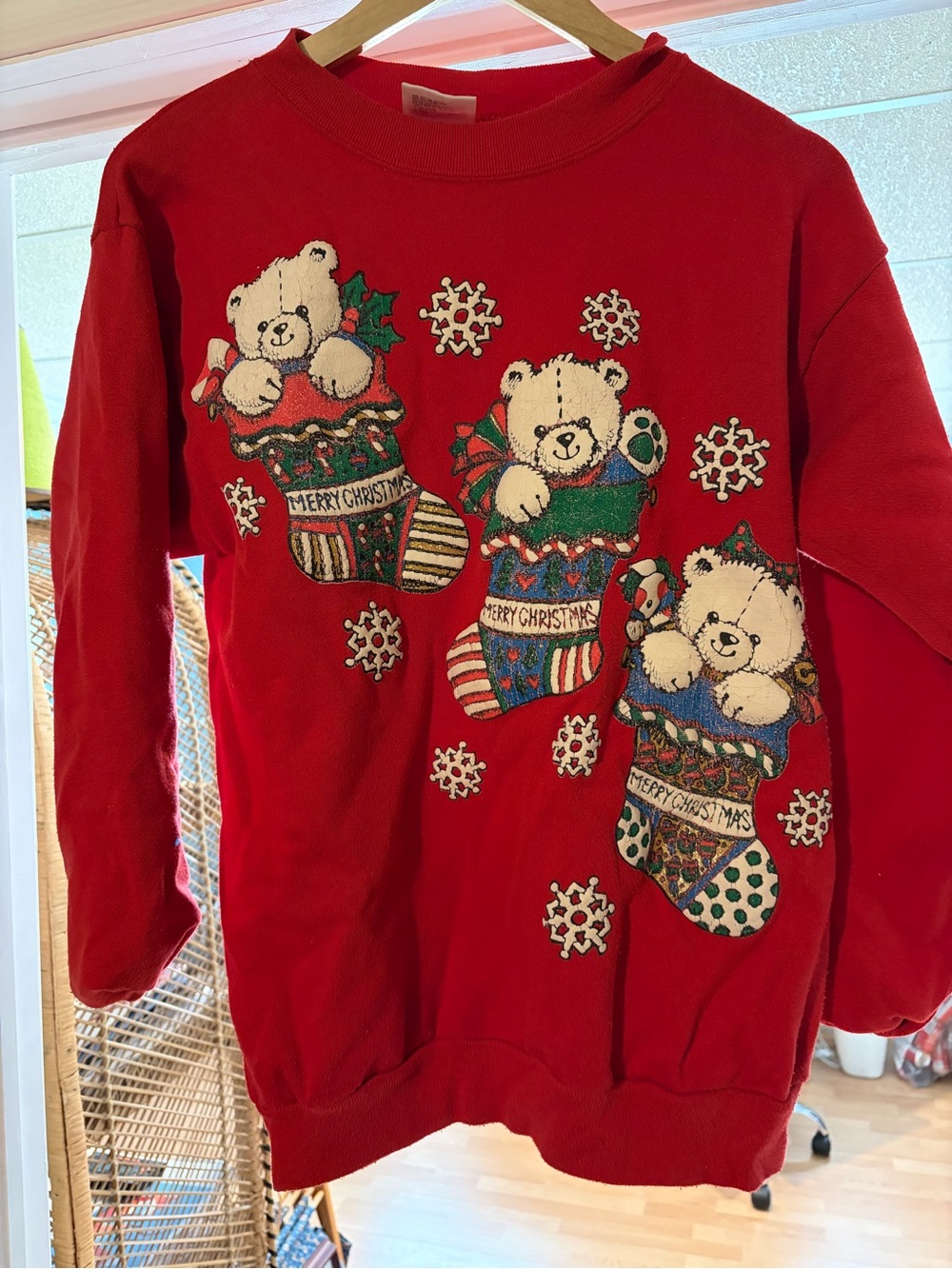 Vintage Red Christmas Teddy Bear Puff Print Crewneck Sweater